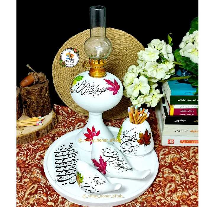 ظروف سفالی طرح پاییز ی 5تیکه مون شامل چراغ گردسوز وگلدون وکبوتربزرگ وگنجشک وسینی 