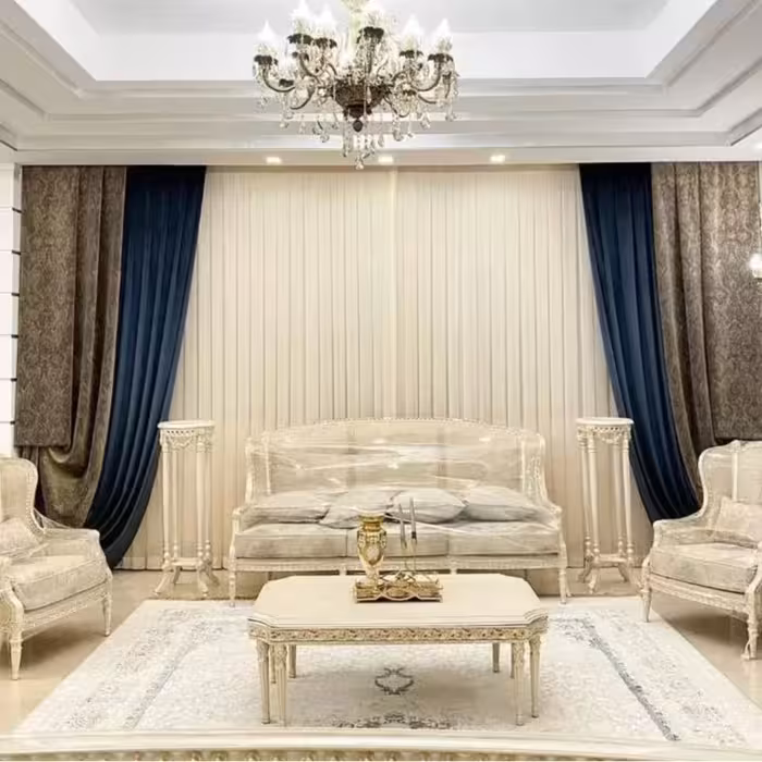 پرده کامل پنجره4متری پلیسه مخمل ژاکارد پتینه و مخمل کالیفرنیا و کرپ شاین کتان