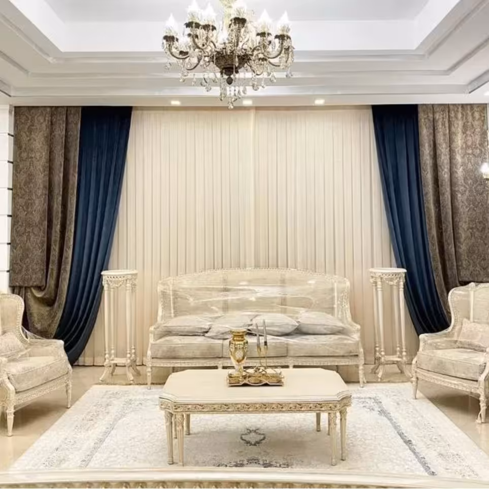 پرده کامل پنجره4متری پلیسه مخمل ژاکارد پتینه و مخمل کالیفرنیا و کرپ شاین کتان