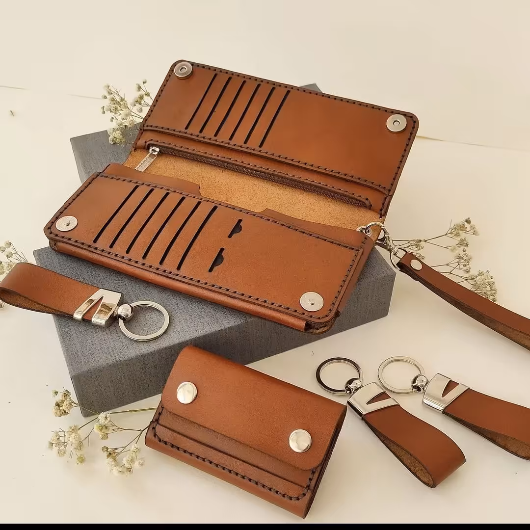 ست کیف دستی و جاکارتی آکاردئونی چرم طبیعی دستدوز 