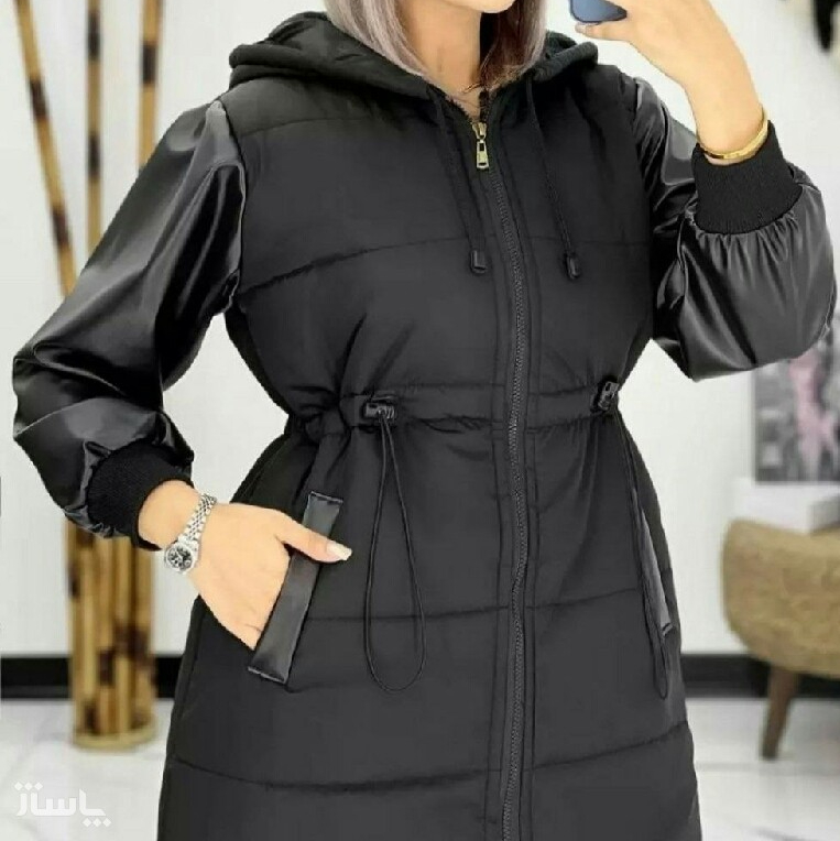 پالتو میکرو با آستین چرم زنانه ارسال رایگان