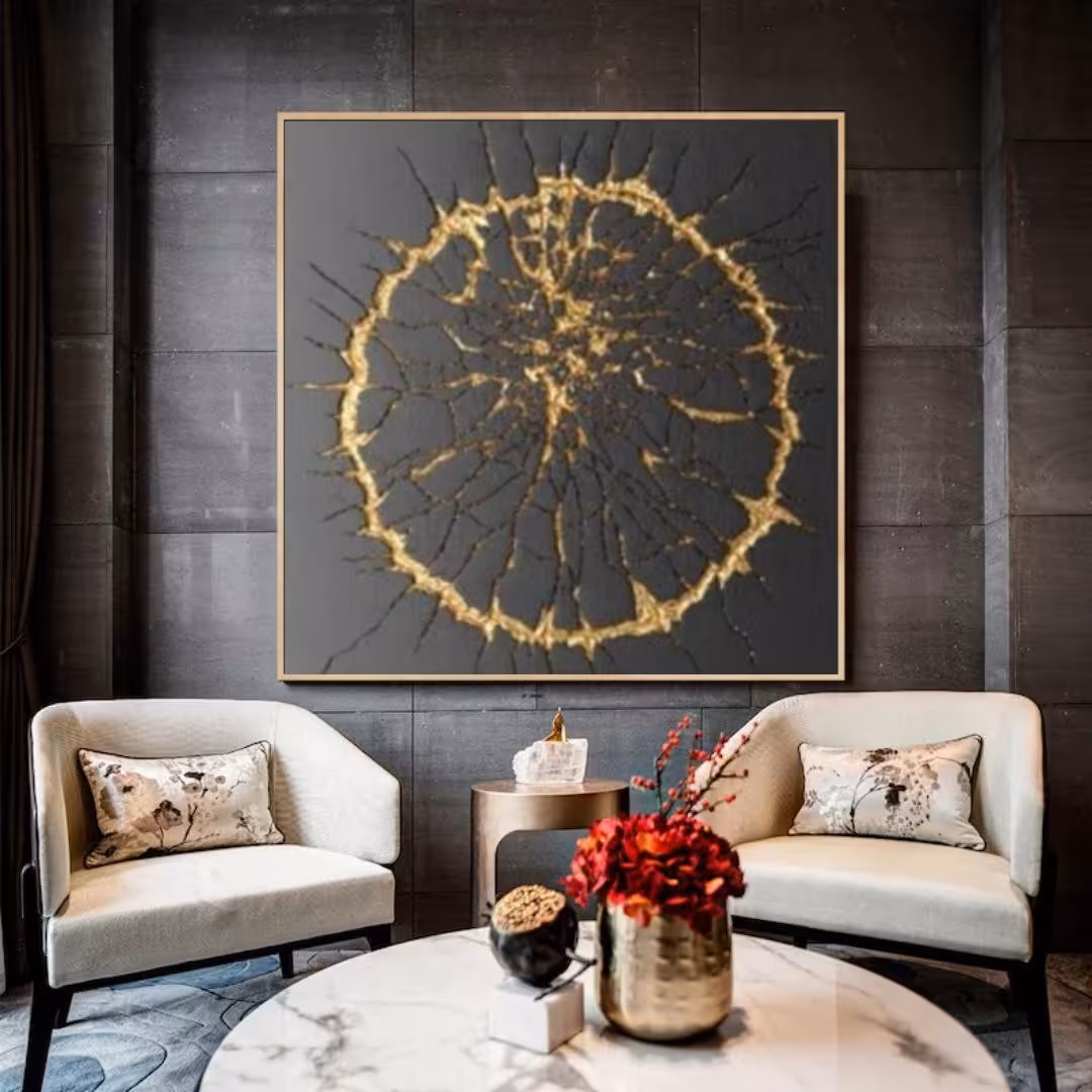 تابلو دکوراتیو لوکس طرح دایره طلایی با زمینه مشکی سایز70در70 