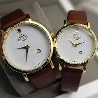 ساعت مچی ست مردانه و زنانه الگانس بند چرم صنعتی قهوه ای رنگ elegance 