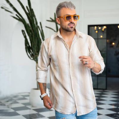 پیراهن کنفی آستین بلند راه راه سفید کرمی