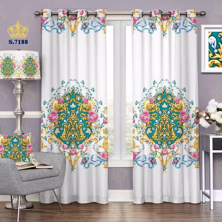 پرده پذیرایی دو قواره پانچ اسلیمی طرح گل و پیچک کد S7188