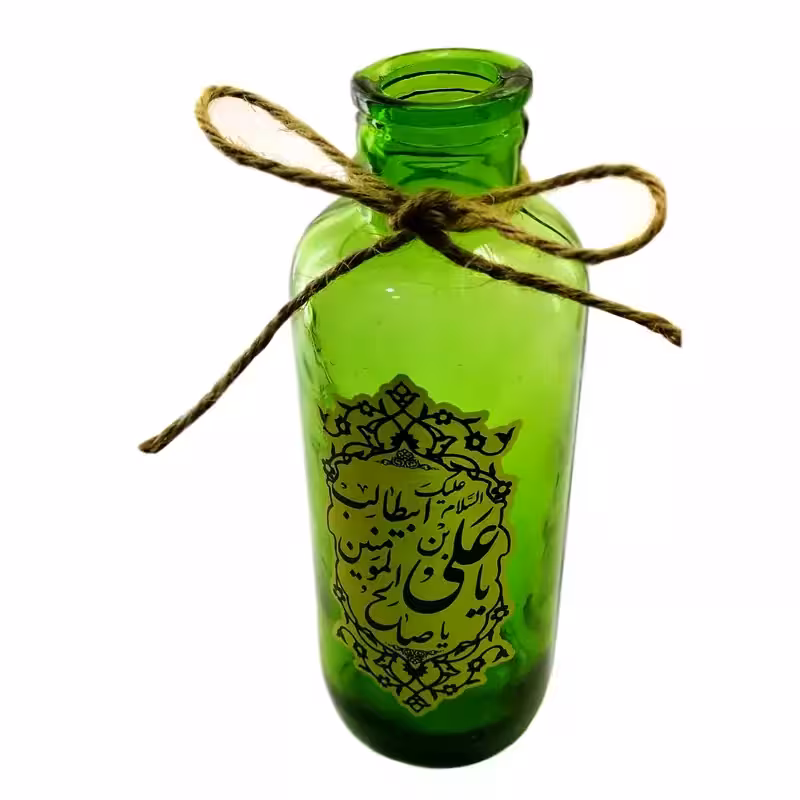103464-گلدان شیشه ای استوانه ای مذهبی سبز یا علی صالح المومنین ع قطر6 ارتفاع18 سانت