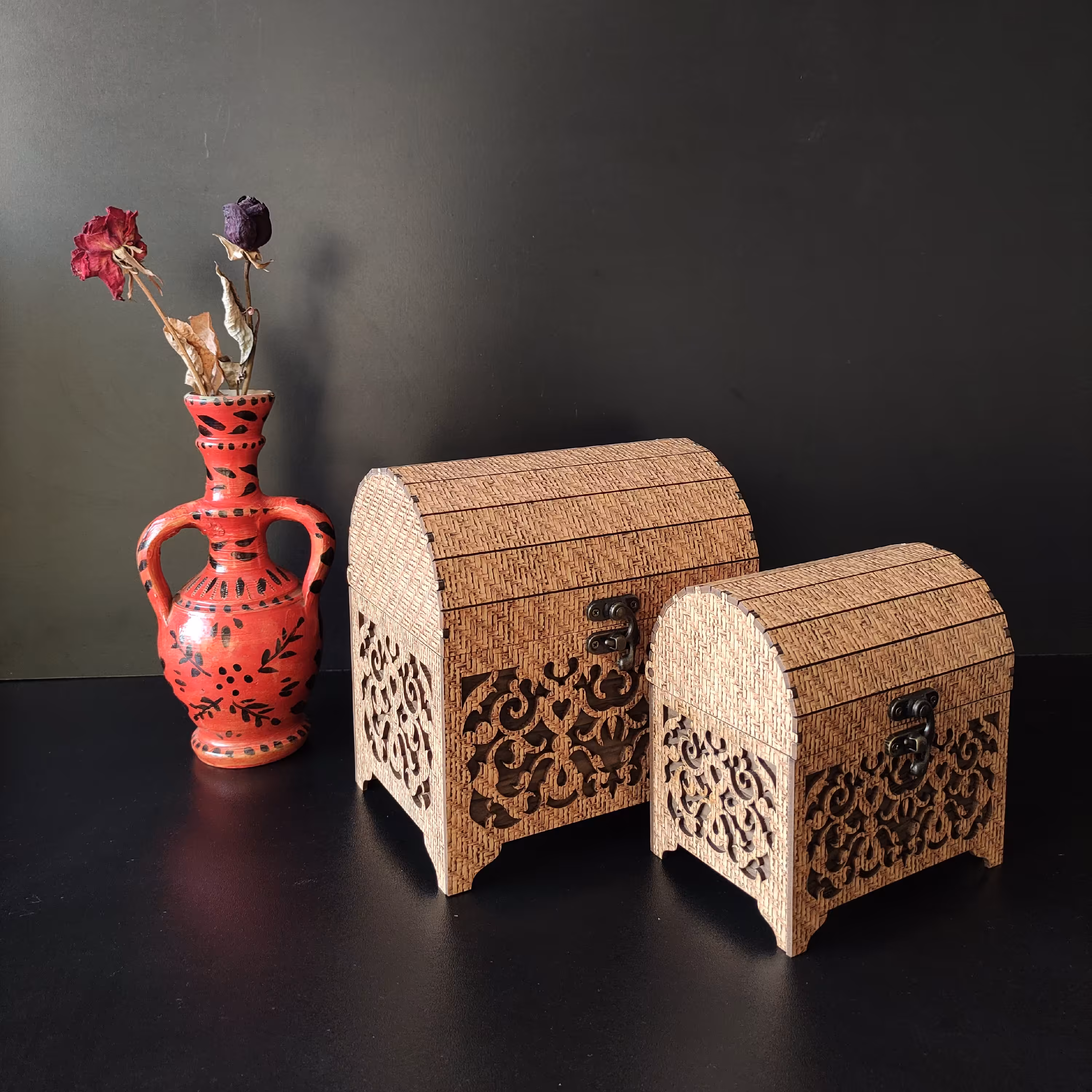 صندوقچه چوبی سنتی بزرگ و کوچیک طرح حصیری