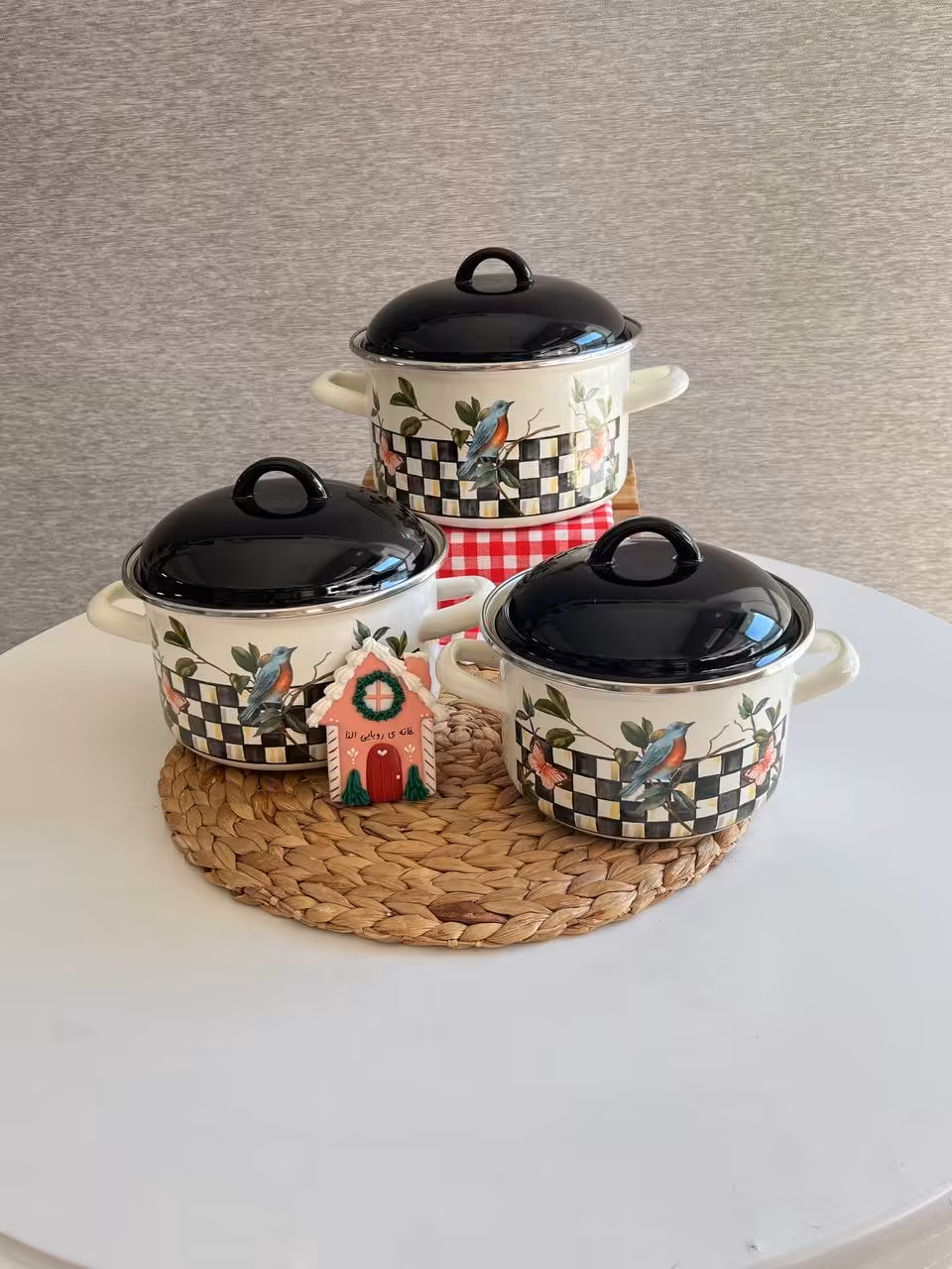 سرویس قابلمه لعابی سه تایی ترک برند لایت- طرح شطرنجی