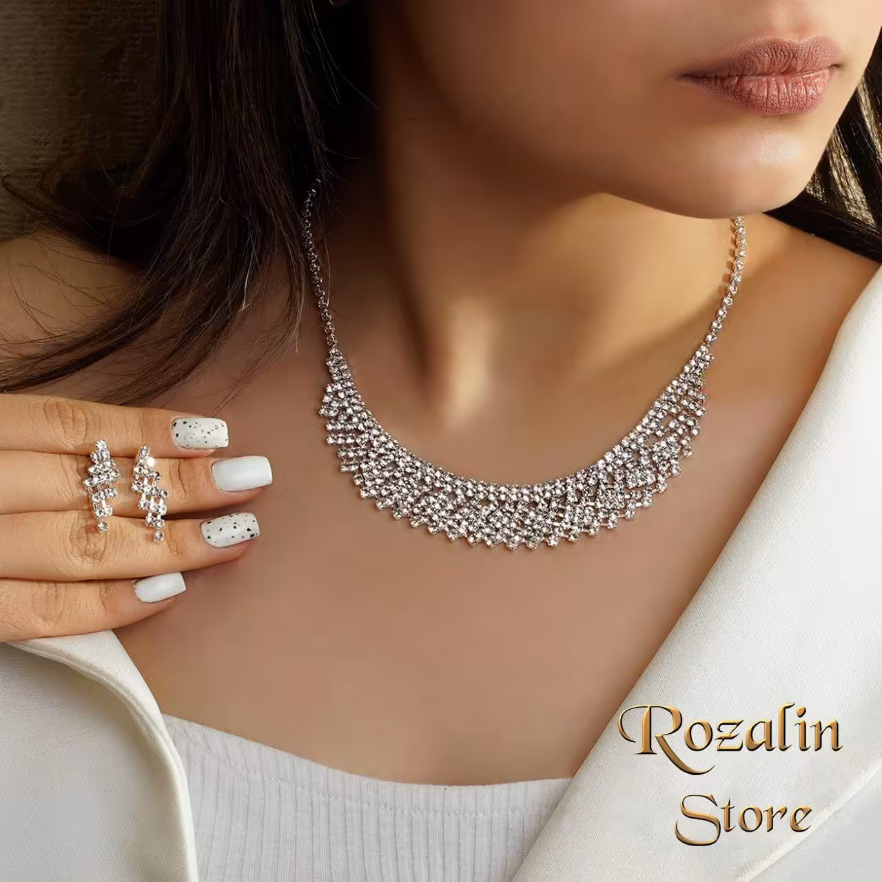 سرویس زنانه جواهری آب نقره تمام نگین کد RS-223