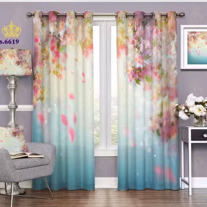 پرده تصویری جدید دو قواره پانچ طرح شکوفه های بهاری کد S6619