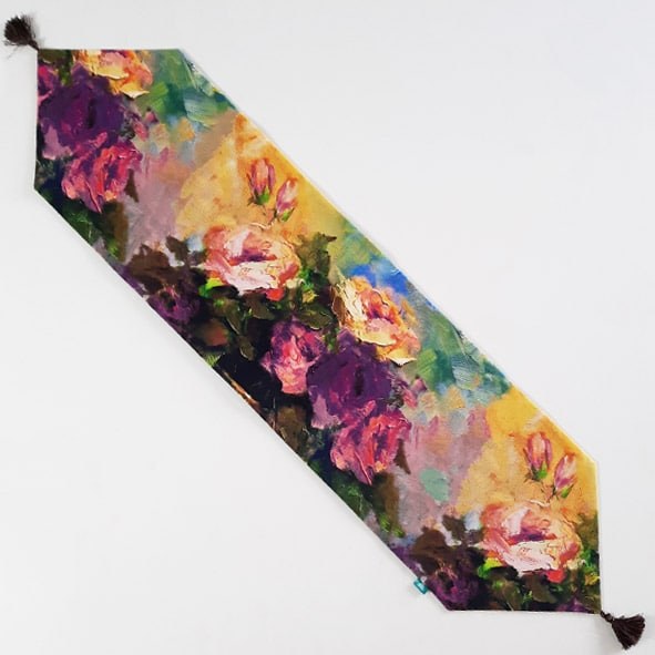 رانر جلو مبلی مخمل آستر دار طرح گل رز نقاشی بنفش  35x105 منگوله دار