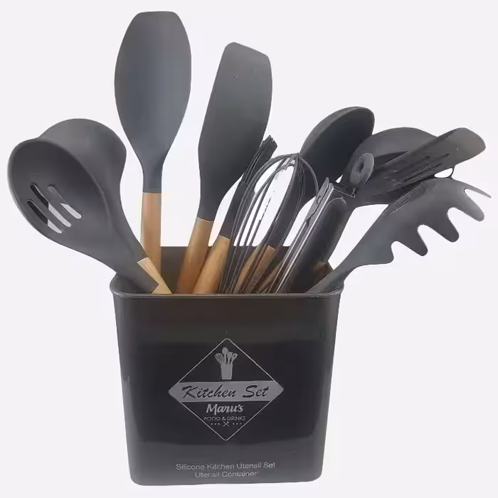 سرویس 12 پارچه کفگیر ملاقه دسته چوبی سیلیکونی