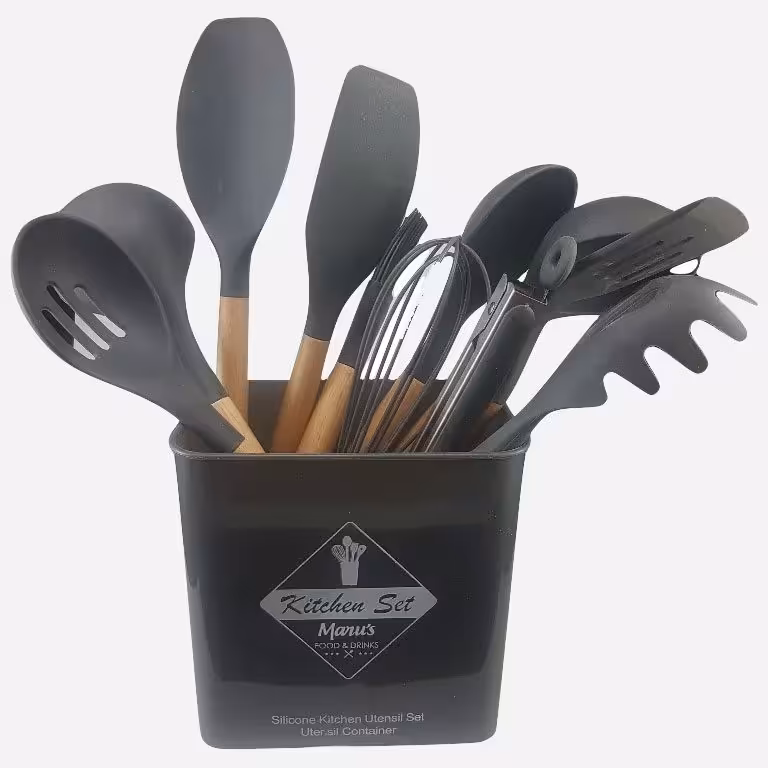 سرویس 12 پارچه کفگیر ملاقه دسته چوبی سیلیکونی