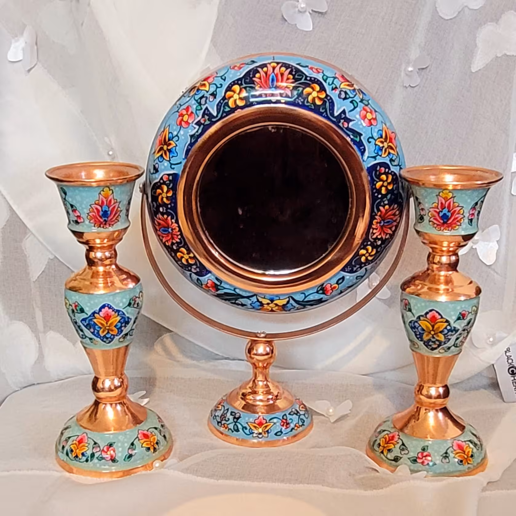 آینه گرد پایه دار مس و پرداز سایز 16 سانتی متر 