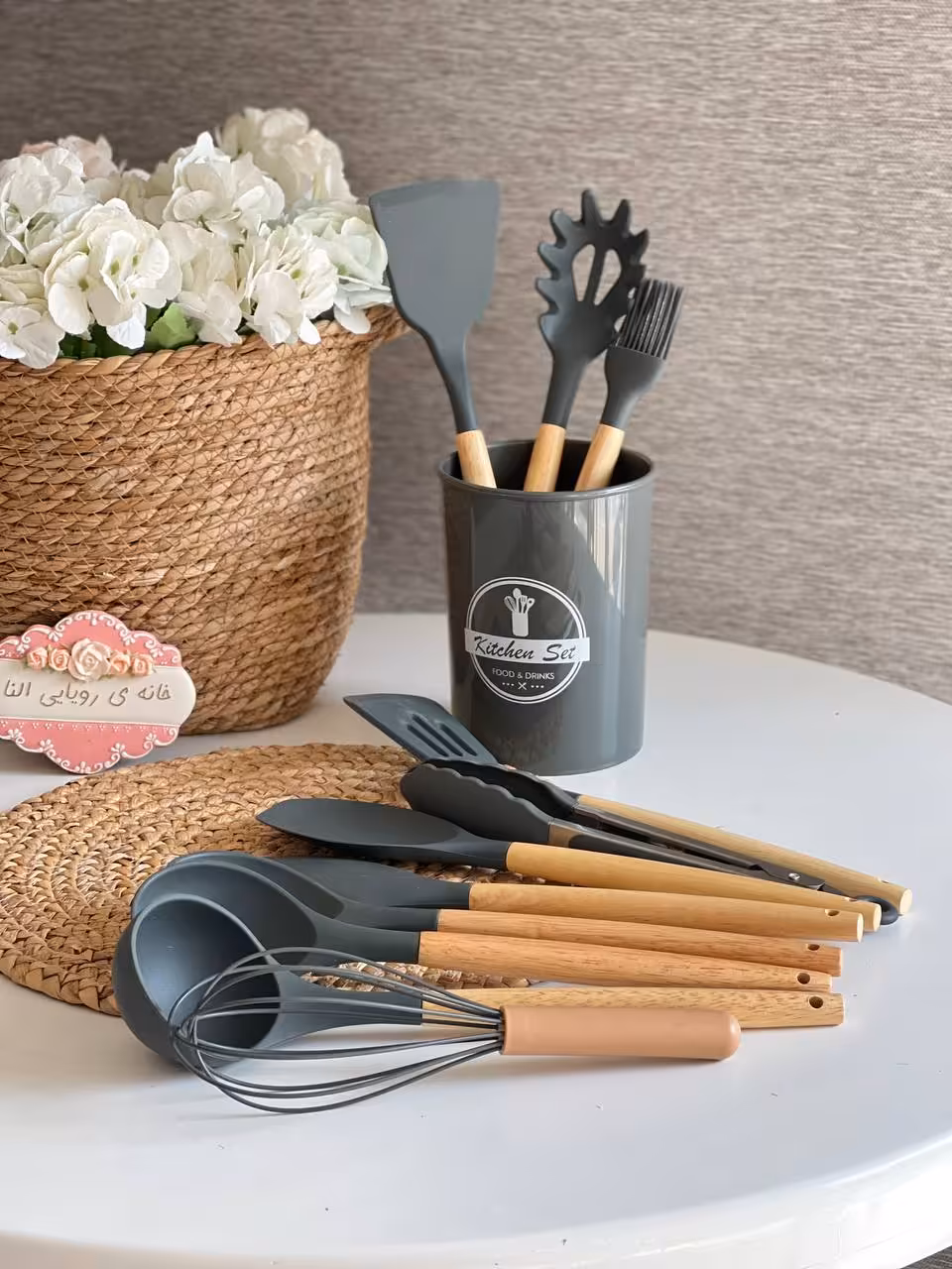 ست کفگیر ملاقه سیلیکونی دسته چوبی- 12 پارچه