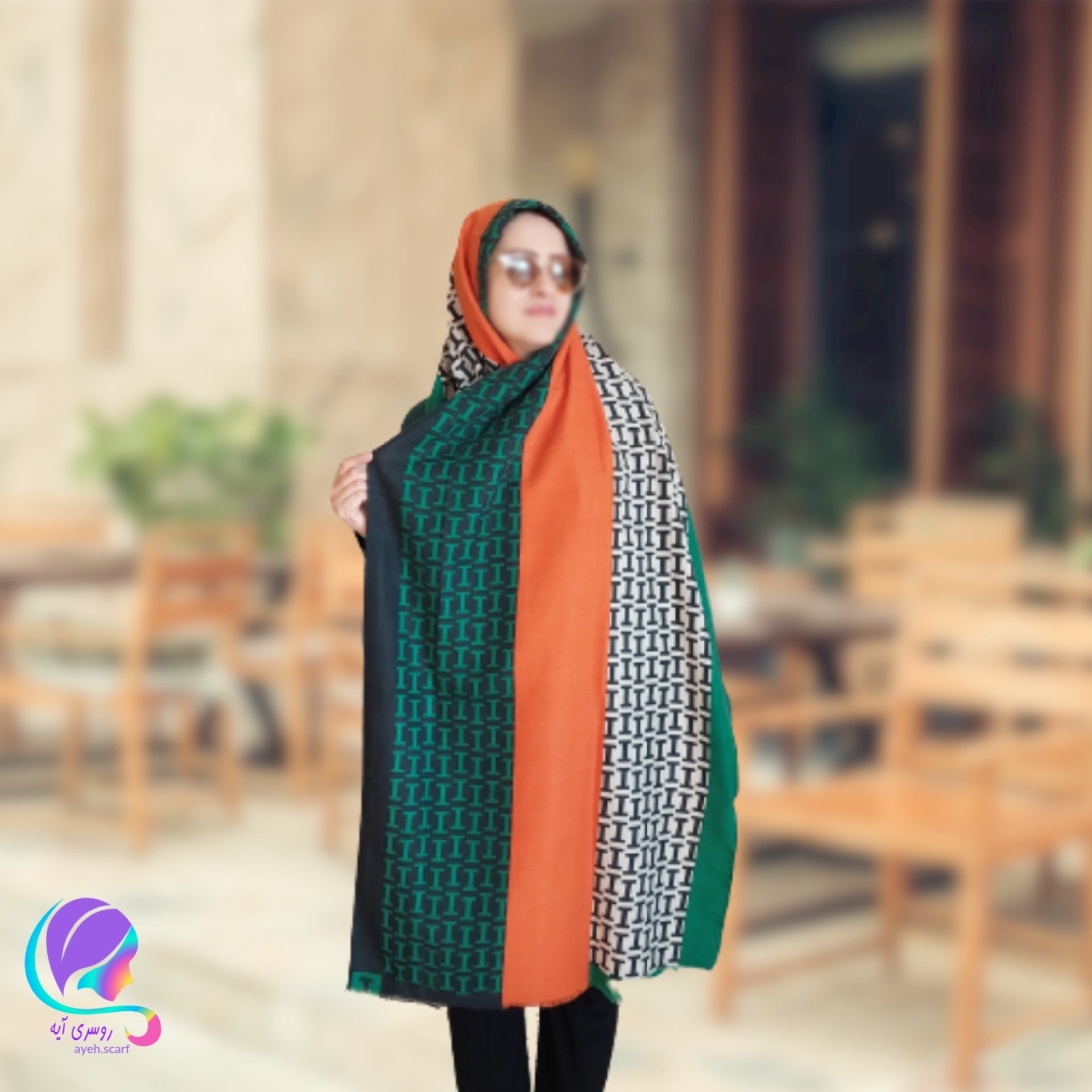 شال موهر پاییزه سبز نارنجی