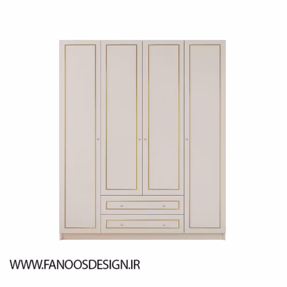 کمد لباس 4 درب لولایی 2 کشو سفید طلایی سایز 182*140*52 کد 8730
