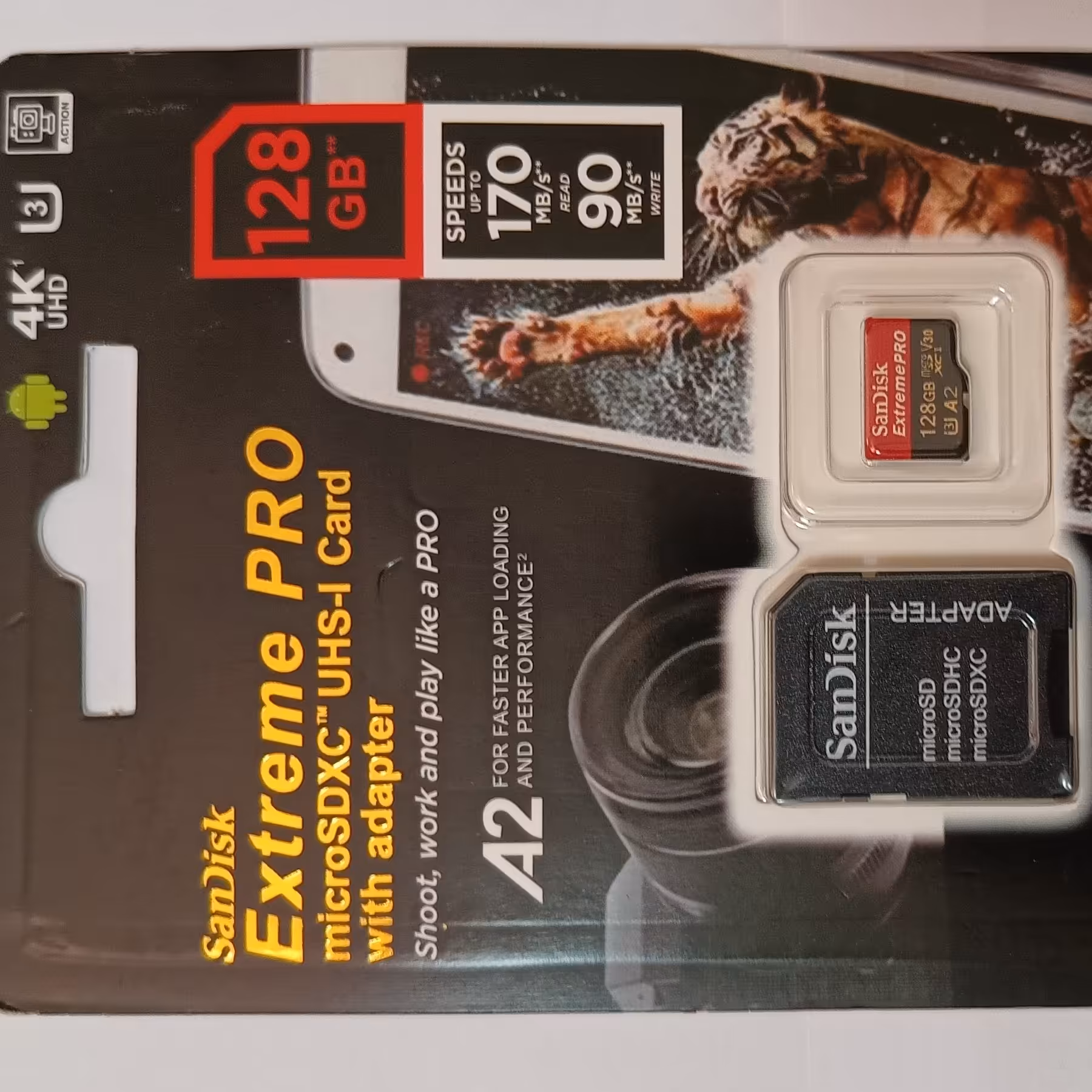 حافظه(رم) گوشی128Gb پر سرعت u3 برند SanDisk A2 سرعت خواندن 170  mb و سرعت نوشتن 80 mb میباشد .  