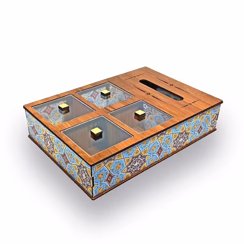 جعبه پذیرایی 4 خونه با جای دستمال کاغذی دیواره طرح دار