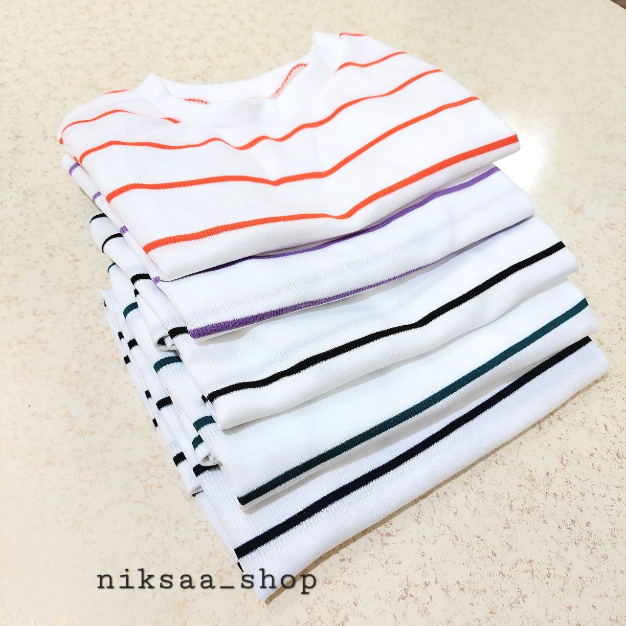 تی شرت کراپ راه راه. جنس کبریتی دارای کشسانی میباشد.تنخور جذب وکراپ میباشد.فری سایز از 36تا42
