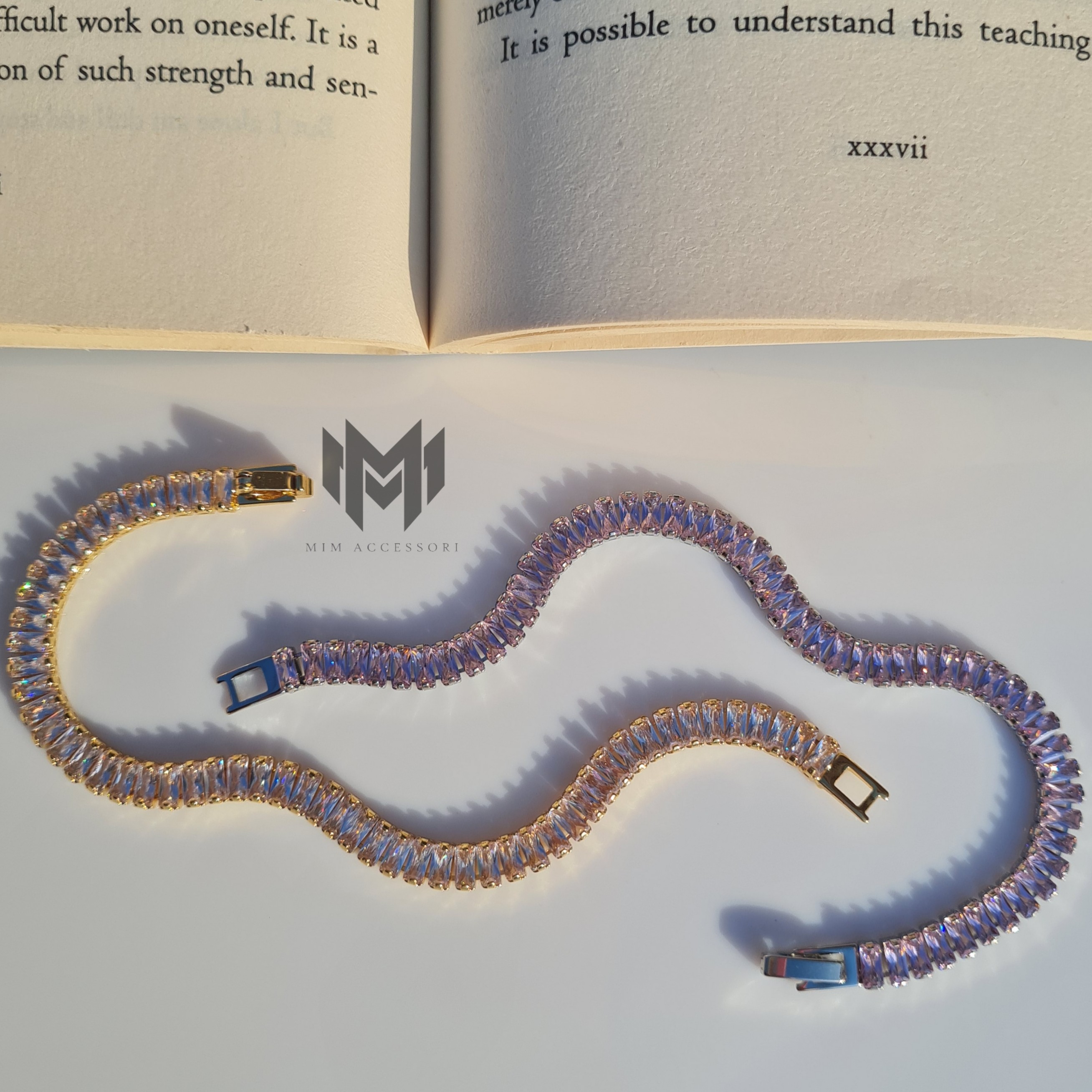 دستبند تنیسی جواهری صورتی و سفید