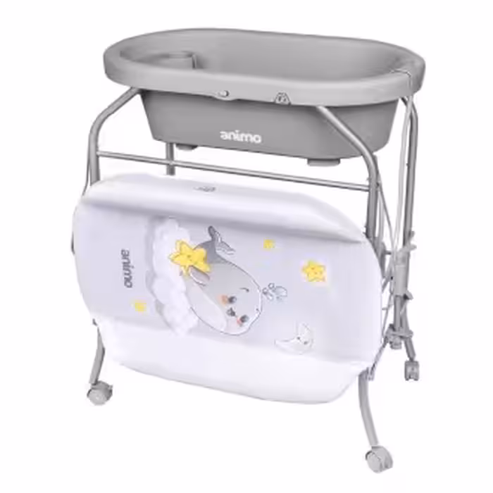 وان حمام پایه دار و میز تعویض نوزادی انیمو المان طبقاتی 4 چرخ با اسان شور و تشک ضد حساسیت شب نما  ANIMO  2IN1