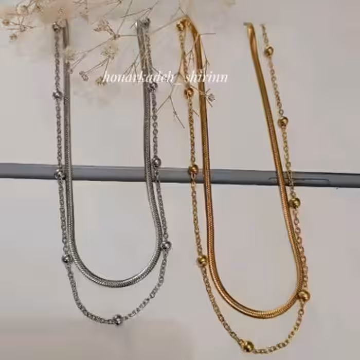 گردنبند دو ردیفه استیل با زنجیر ماری و توپی