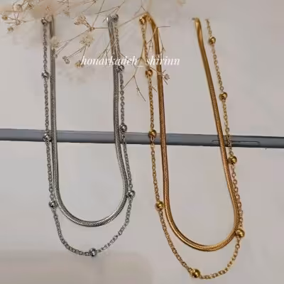 گردنبند دو ردیفه استیل با زنجیر ماری و توپی