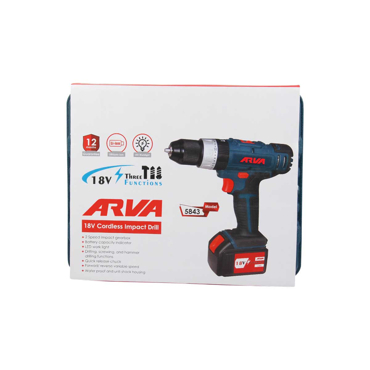دریل پیچ گوشتی شارژی چکشی 18 ولت مدل 5843 آروا