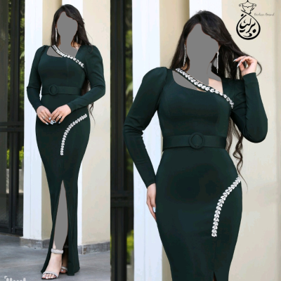 پیراهن مهمانی زنانه غواصی نگین دوزی شده با کمربند مدل کایرا