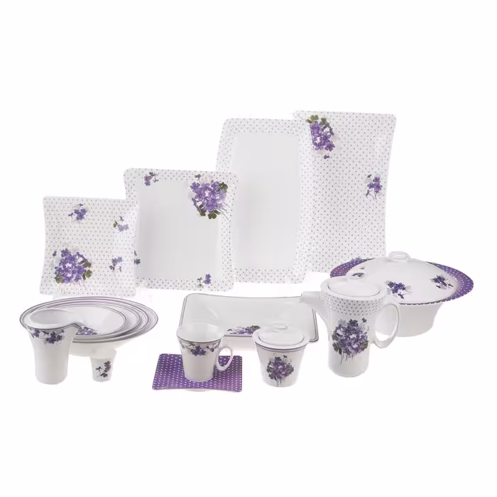 سرویس غذاخوری 97 پارچه چینی زرین ایران سری وینچی الیسه مدل یاس درجه عالی