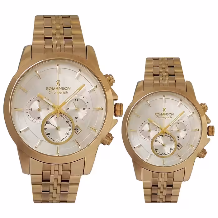 ساعت ست زنانه و مردانه بندفلزی رومانسون ساعت جفتی طلایی سه موتور گرنوگراف
