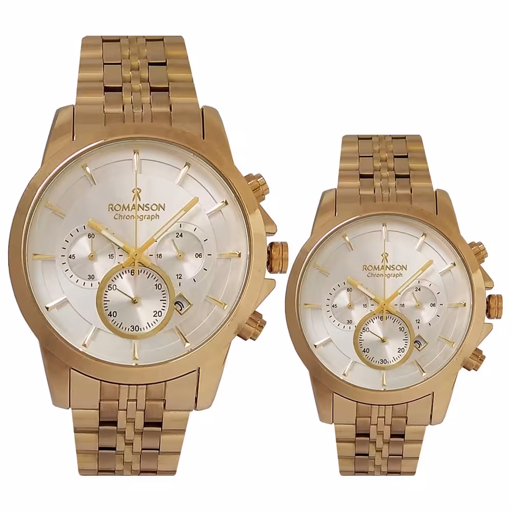 ساعت ست زنانه و مردانه بندفلزی رومانسون ساعت جفتی طلایی سه موتور گرنوگراف