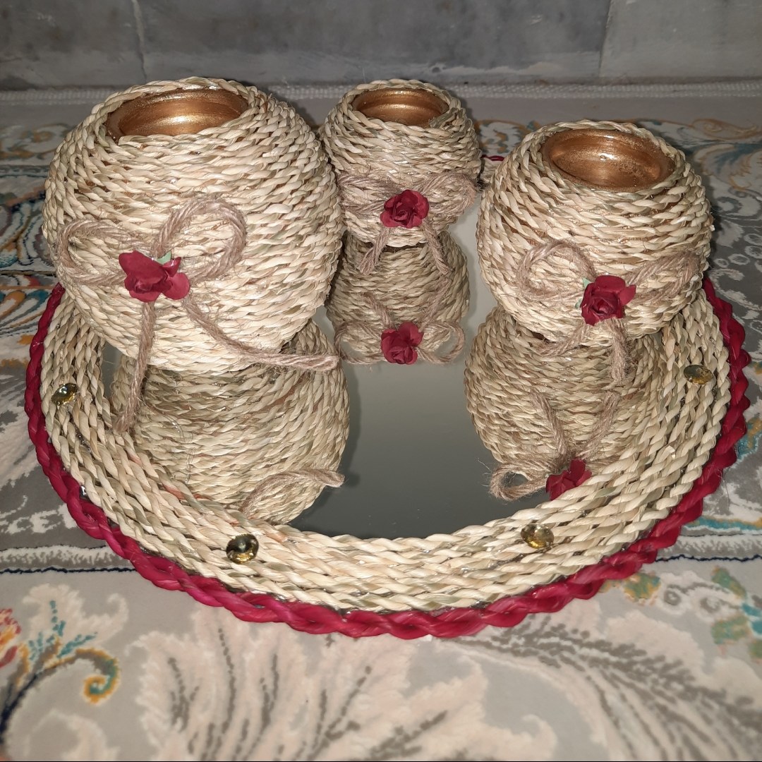 ست جاشمعی و آینه  حصیری کار دست