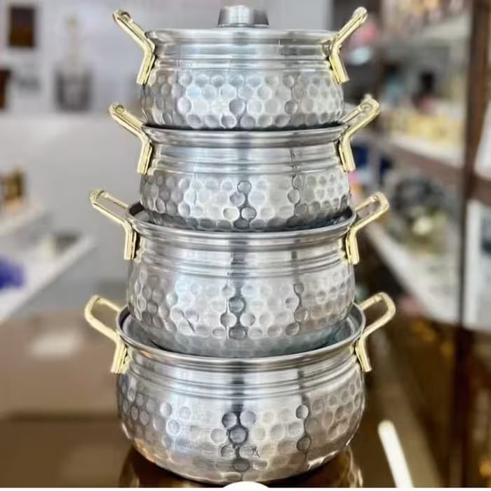 سرویس قابلمه روحی چهارتایی چکش خورده دسته طلایی پلاسکو دهقان 