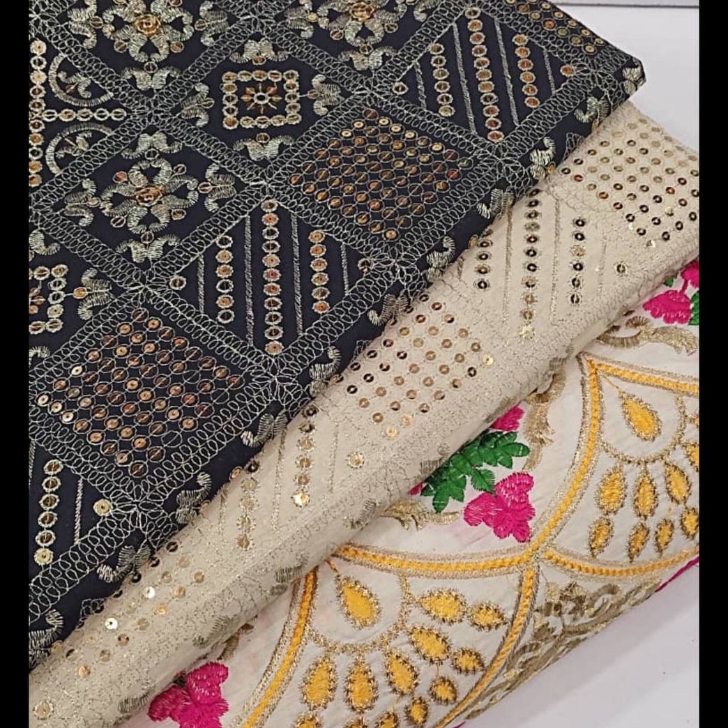 پارچه لنین سوزندوزی هندی مشکی سفید کرم
