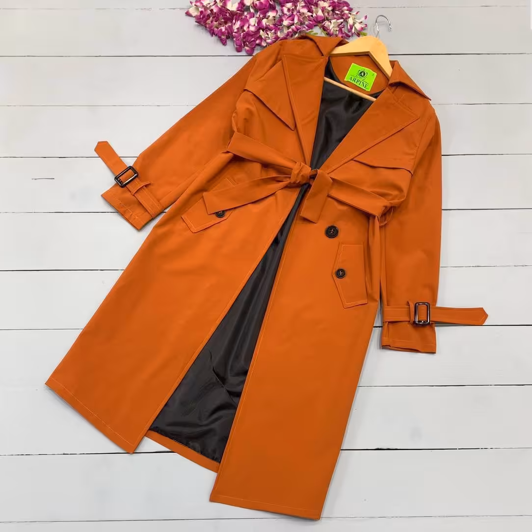 بارانی بلند آستر دار کتان زنانه 4 دکمه