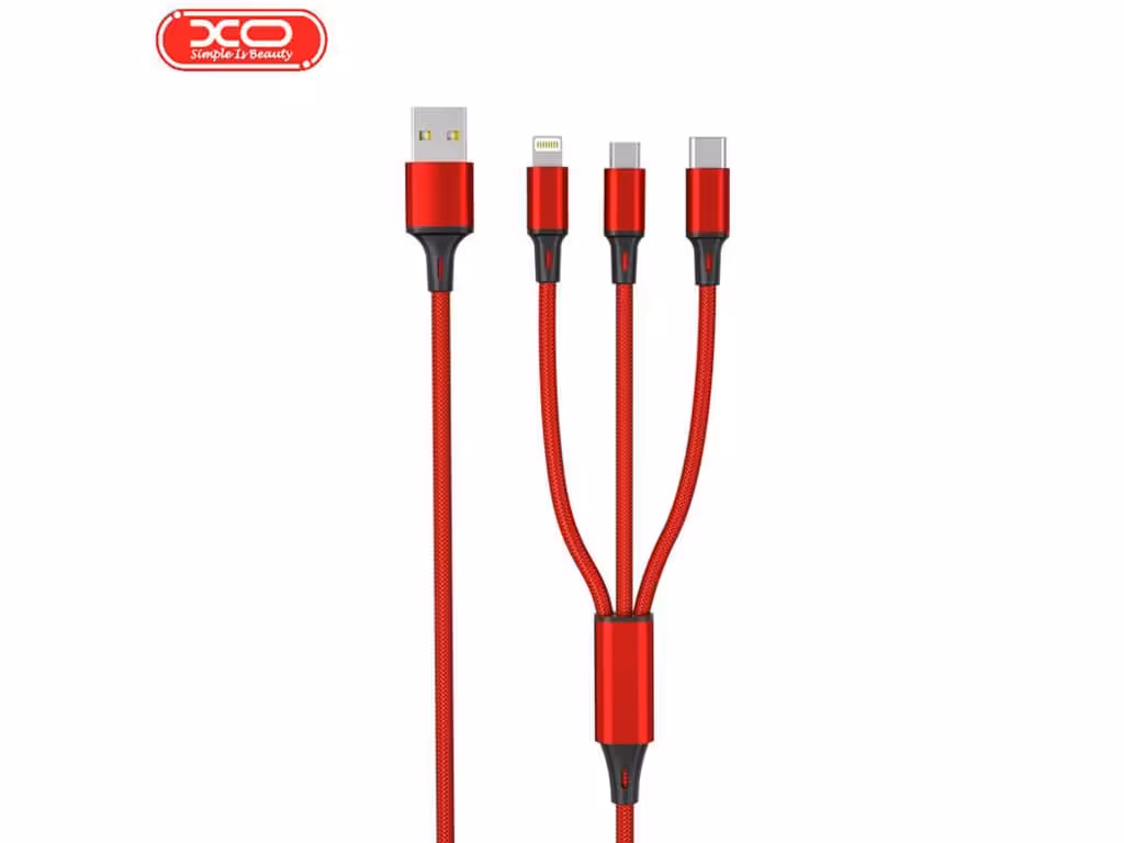 کابل سه سر یواس‌بی به لایتنینگ، تایپ‌سی و میکرو 1٫2 متری ایکس‌او XO 3 in1 USB Cable 2,4A NB173 (قرمز)