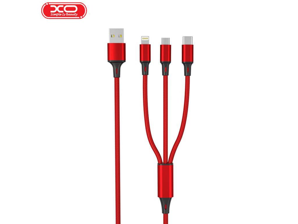 کابل سه سر یواس‌بی به لایتنینگ، تایپ‌سی و میکرو 1٫2 متری ایکس‌او XO 3 in1 USB Cable 2,4A NB173 (قرمز)