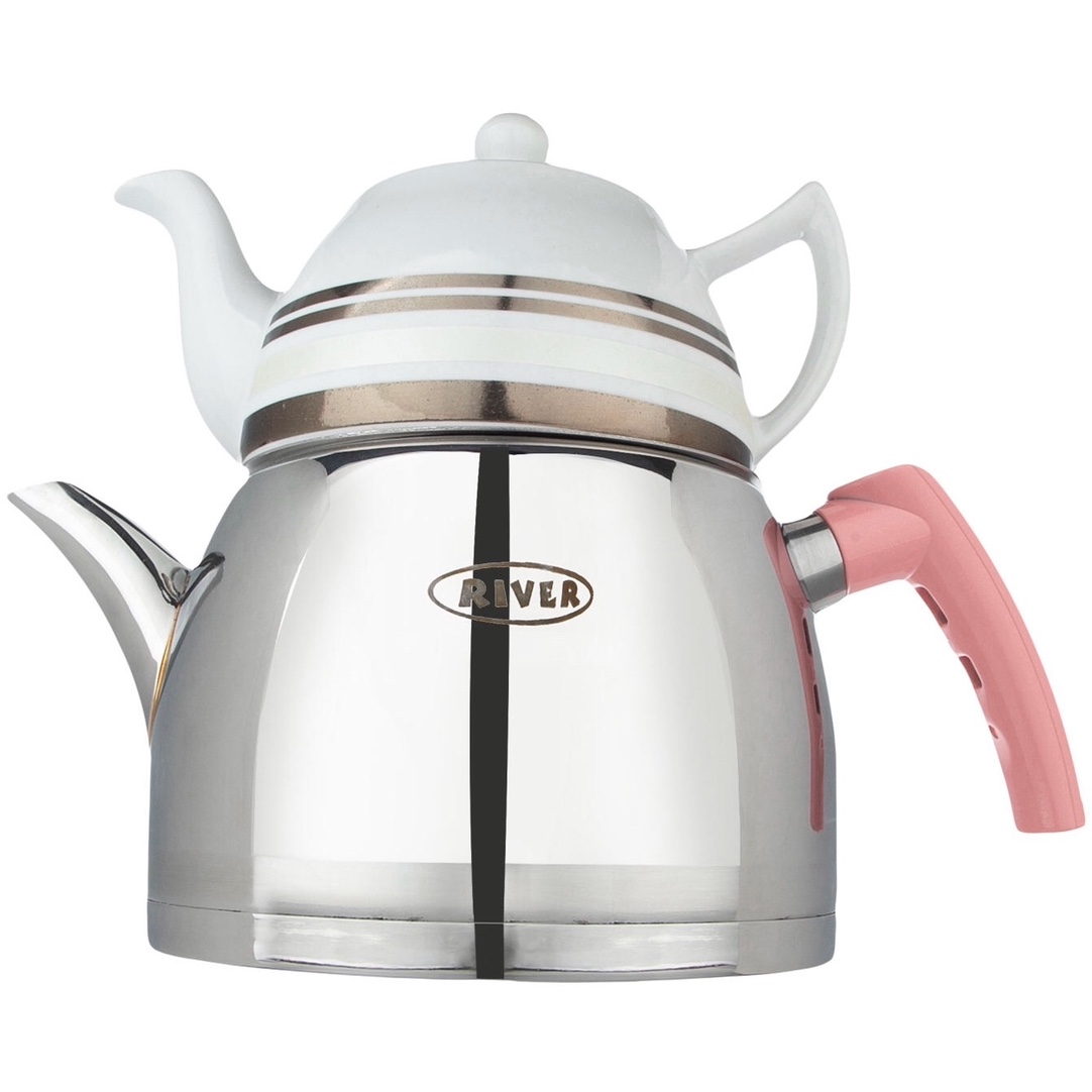 کتری قوری استیل برند River کف چدن با 2 رنگ دسته سفید و صورتی