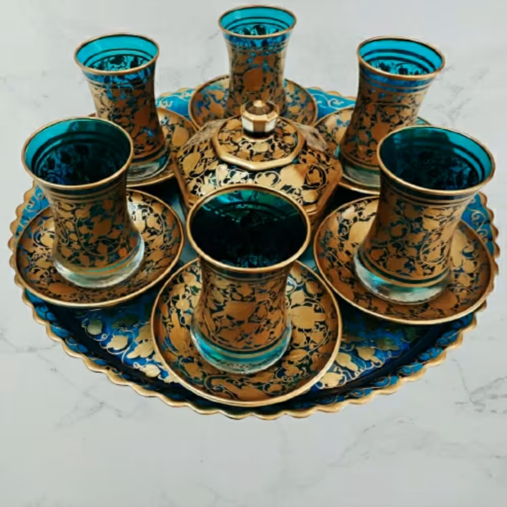 سرویس چایخوری آبگینه سبز فیروزه ای رنگ