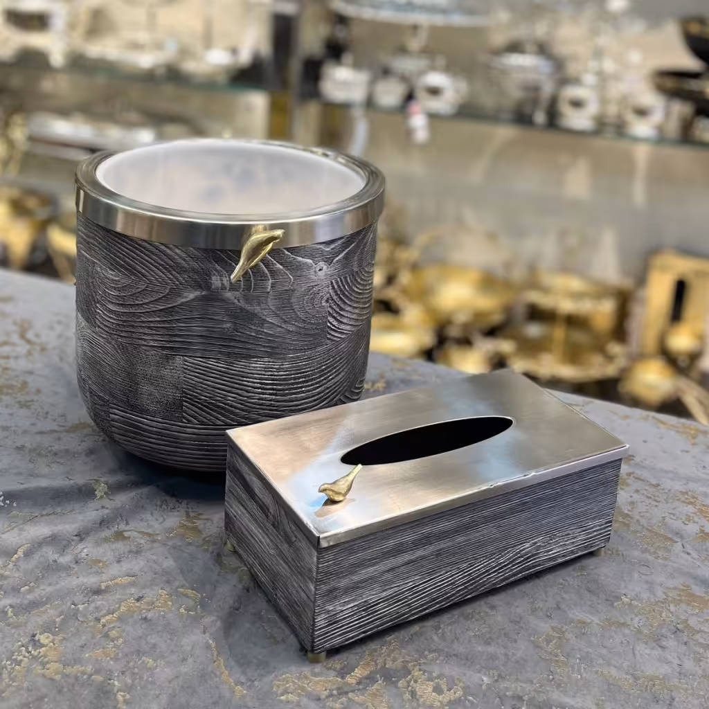 سطل و جعبه دستمال چوب و فلز