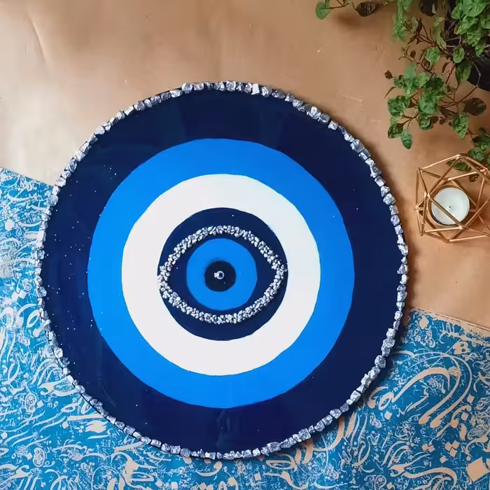 تابلوی دکوری تزئینی چشم زخم و انیکاد گرد تم آبی  سایز 35