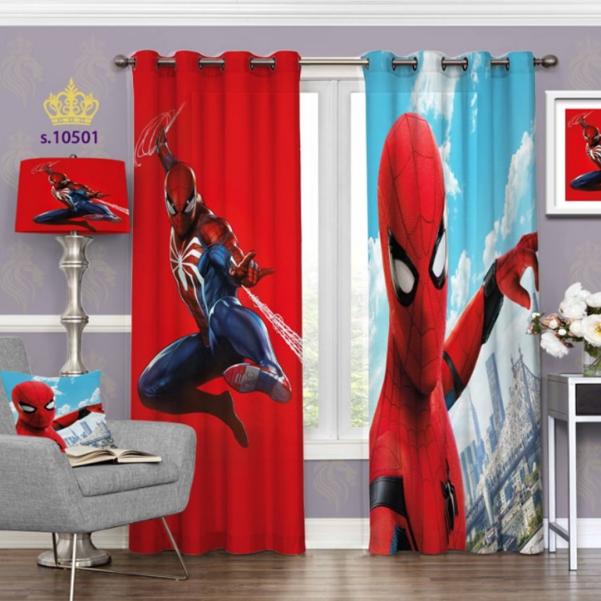 پرده اتاق خواب کودک دو قواره پانچ آماده طرح مرد عنکبوتی کد S10501