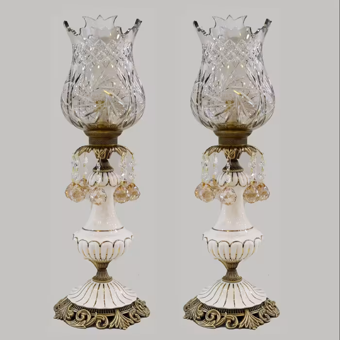 شمعدان برنز ی بدنه سرامیک با حباب کریستال تراشدار 