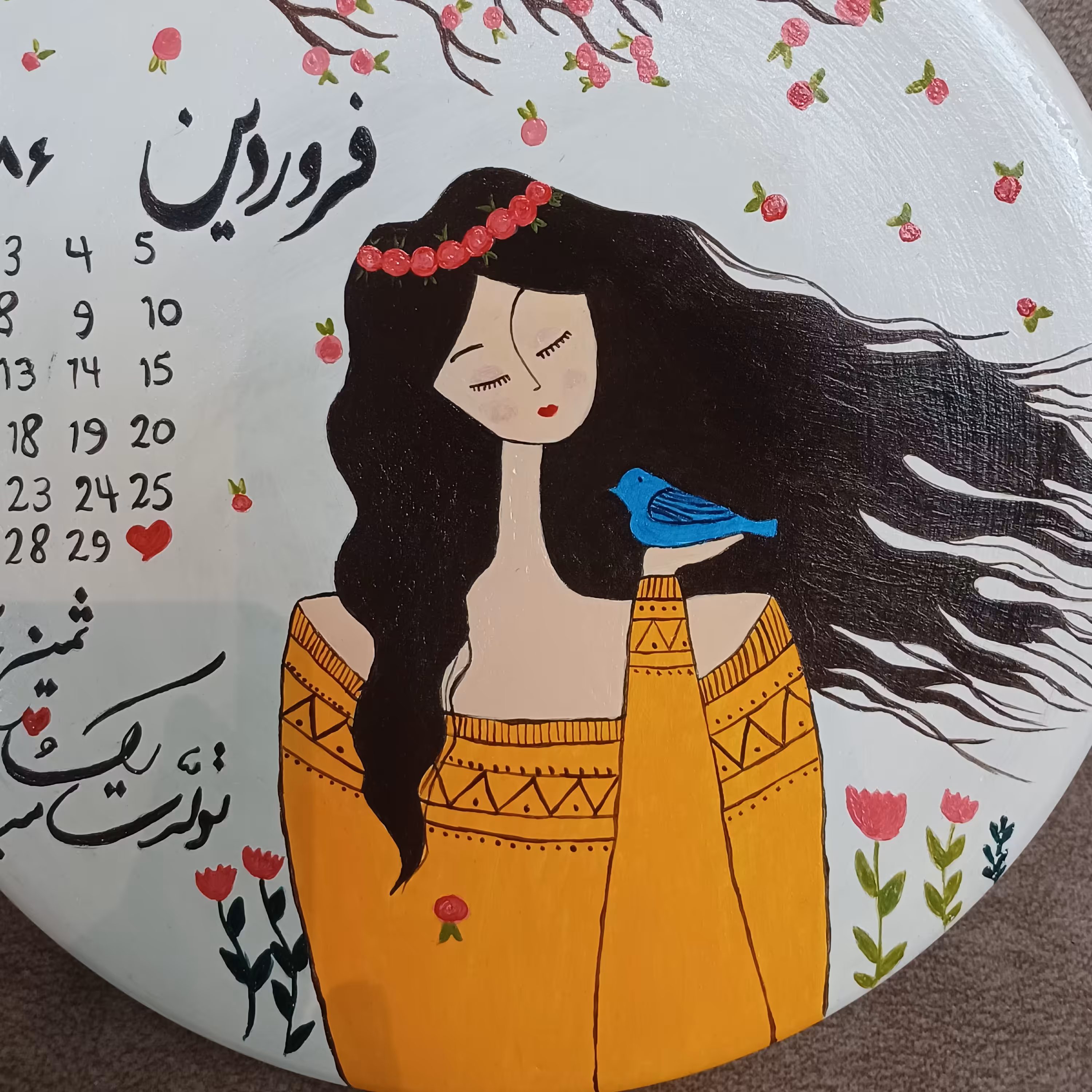 دیوارکوب سفالی طرح تولد کارشده با دست و رنگ اکرولیک وقابل شستشو با اسفنج خیس و آب سرد