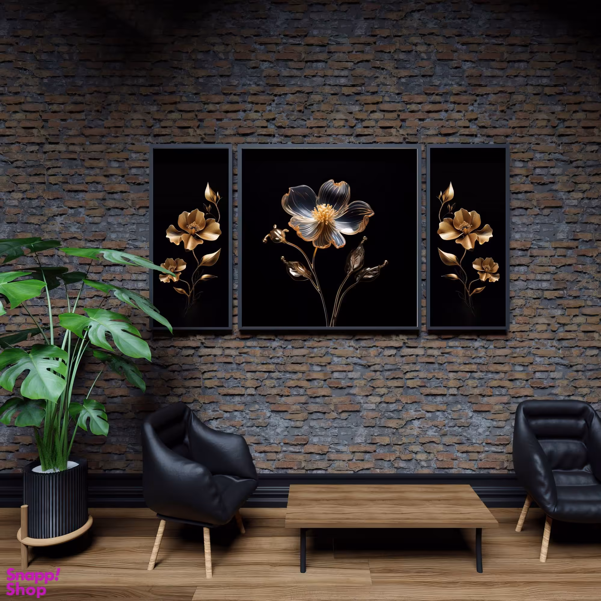 تابلو بکلیت طرح مدرن گل طلایی مدل B-1884 مجموعه 3 عددی