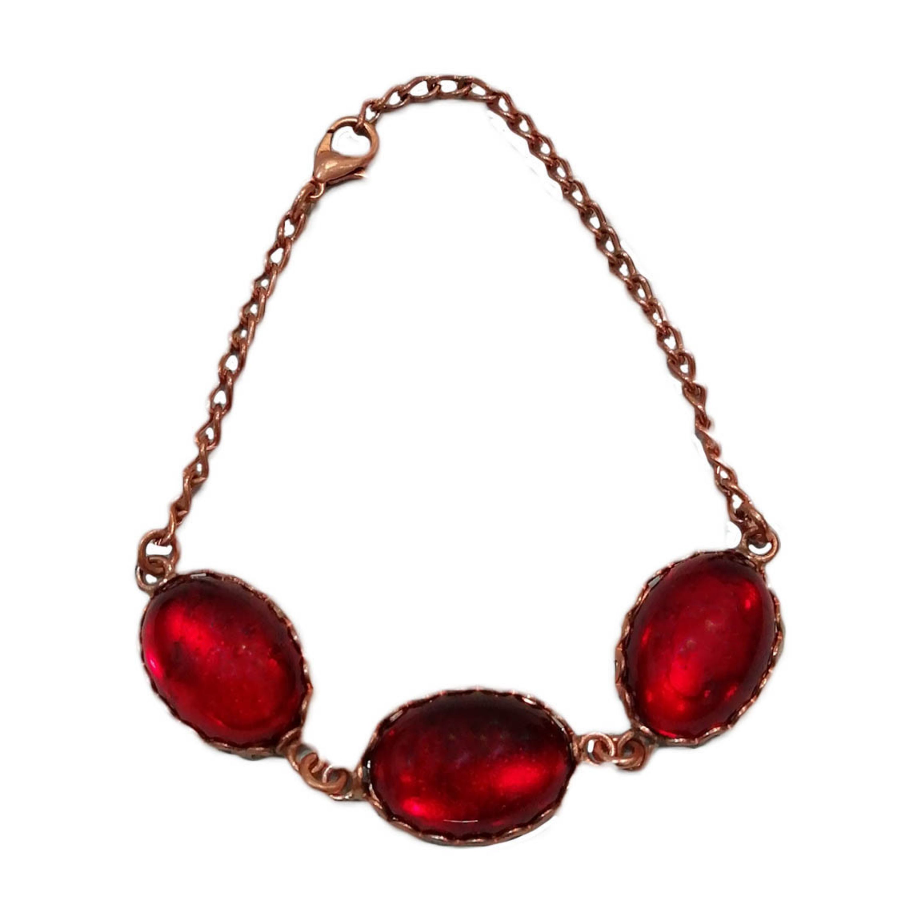 دستبند مسی سه نگین زنجیری قرمز کد JW175