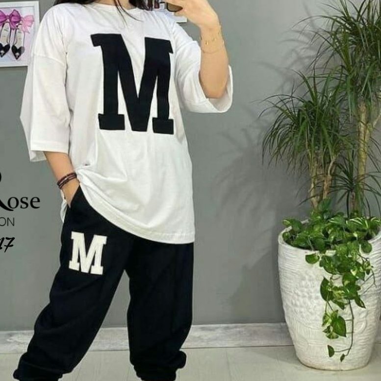 ست تیشرت شلوار m دورس سفیدمشکی