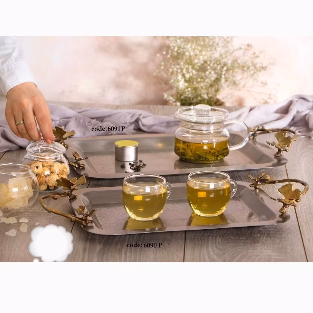 سینی پیوتر با دسته برنجی مدل مستطیل طرح پروانه سایز متوسط ( کد 6090p )